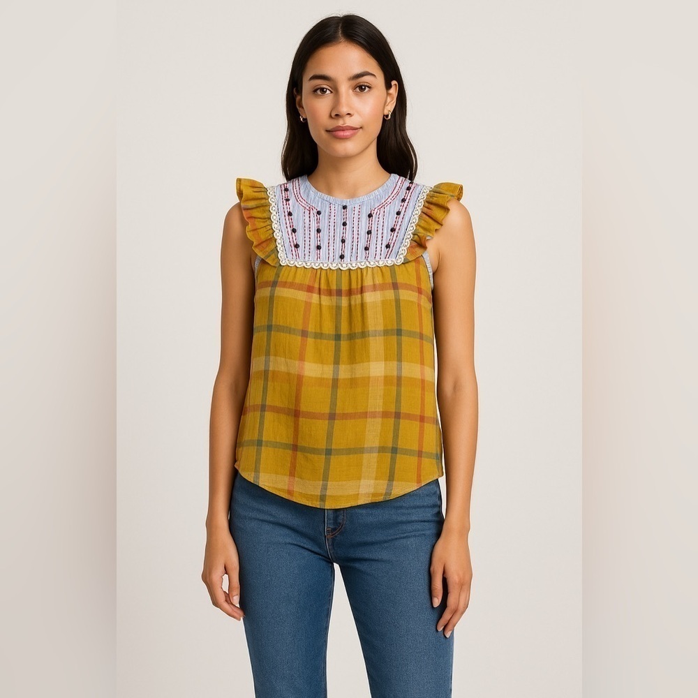 Anthropologie THML Embroidered Ruffle Sleeveless Boho Lightweight Blouse Top